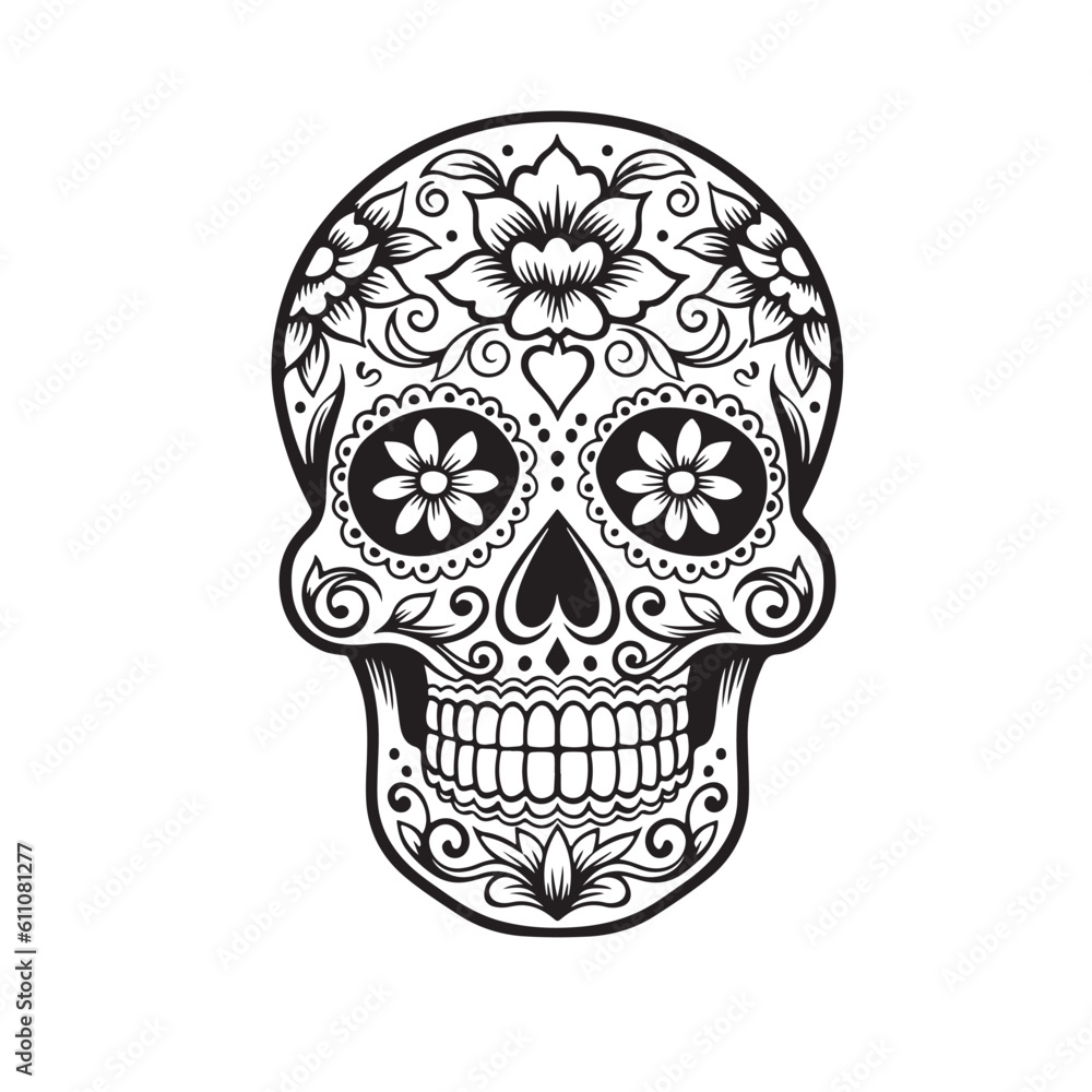 Ornate black and white sugar skull. white background