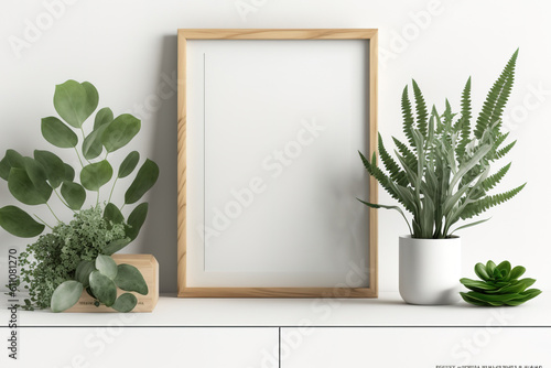 Poster mockup with a green plant and wooden frames on white. Generative AI photo