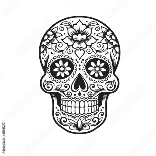 Ornate black and white sugar skull. white background
