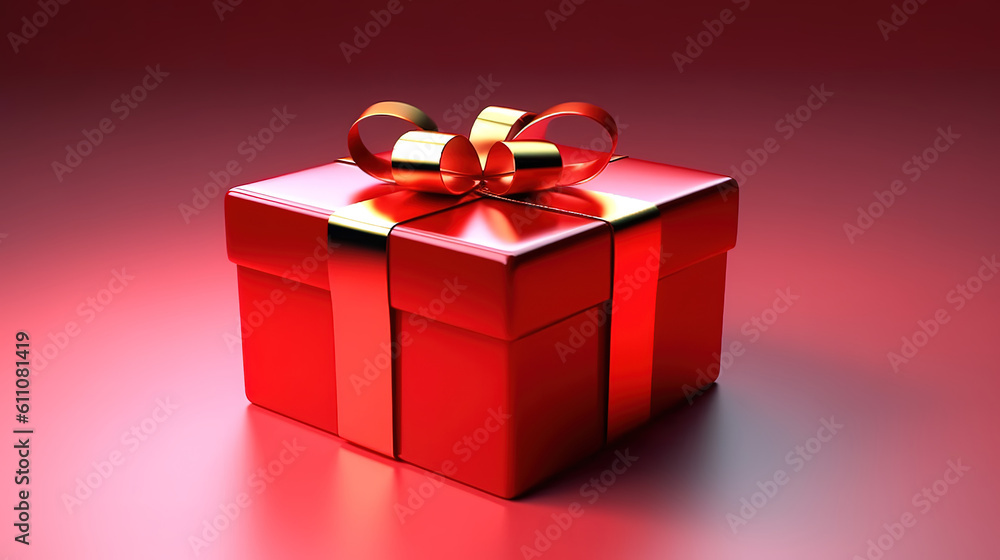 Fototapeta premium Gift red box with white polka dots on a pink background. Generative ai