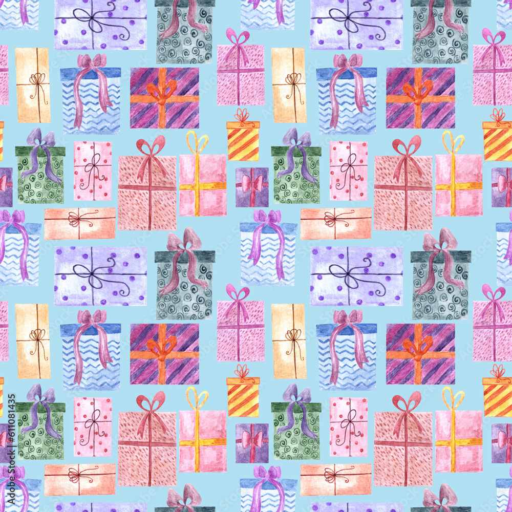 Hand drawn watercolor seamless pattern with group of gift boxes in different wrapping papers and bows on blue backdrop.Birthday christmas x-mas background