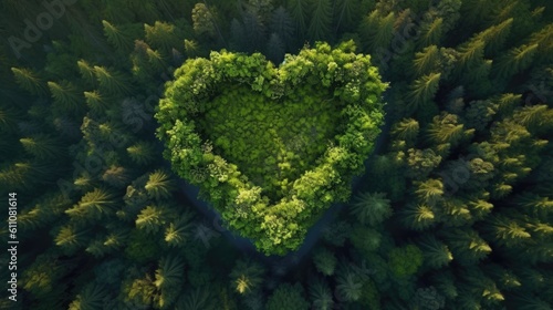 Shape of a heart in the middle of a forest - created using generative AI tools photo