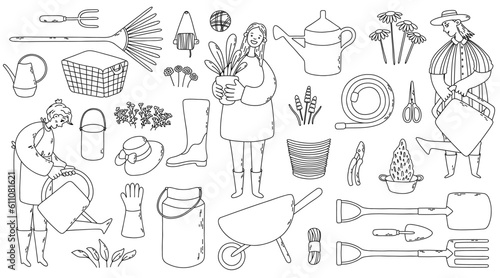 Big garden outline vector set with gardeners, cart, gloves, scissors, watering can, plants and other.