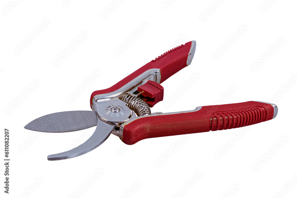 Isolated garden pruner with a red handle Isolated garden pruner with a red handle