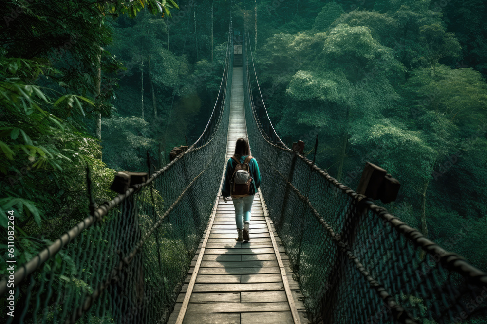 Fototapeta premium Woman walking on a suspension bridge through the forest , Travel concept