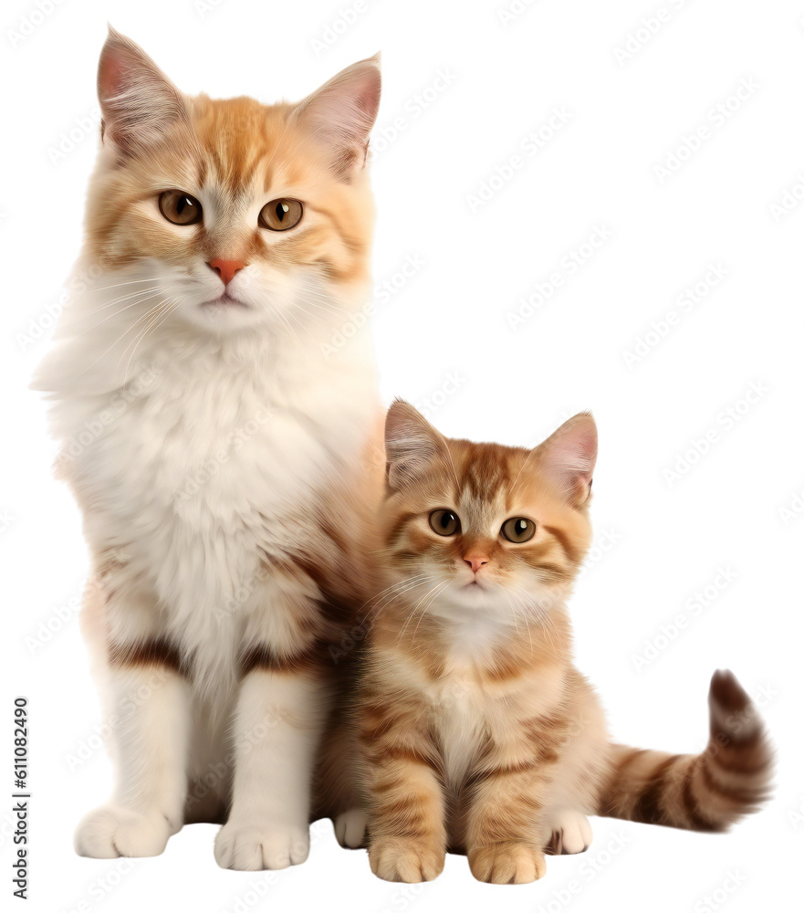 Kind cat and little kitten together. Isolated on a transparent background. KI.