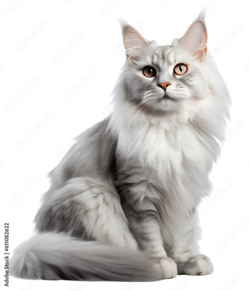 Maine Coon is sitting. Isolated on a transparent background. KI.