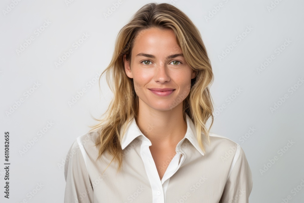 Medium shot portrait photography of a grinning girl in her 30s wearing a sophisticated blouse against a white background. With generative AI technology Medium shot portrait photography of a grinning girl in her 30s wearing a sophisticated blouse against a white background. With generative AI technology