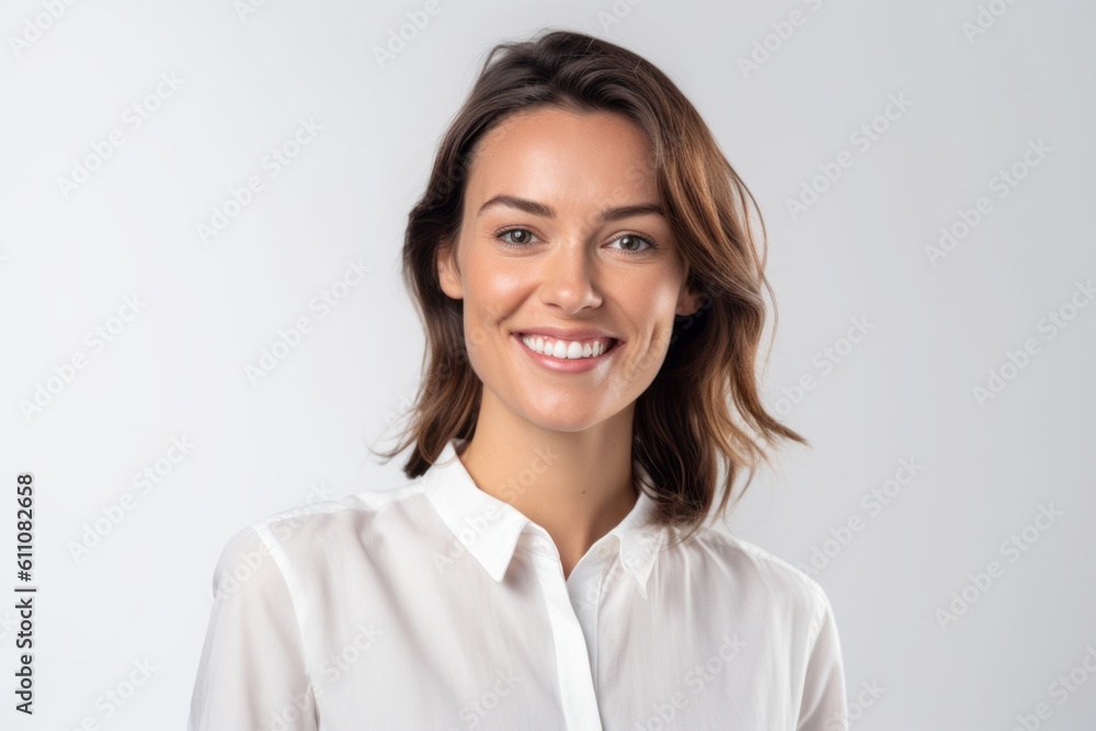 Medium shot portrait photography of a grinning girl in her 30s wearing a sophisticated blouse against a white background. With generative AI technology Medium shot portrait photography of a grinning girl in her 30s wearing a sophisticated blouse against a white background. With generative AI technology