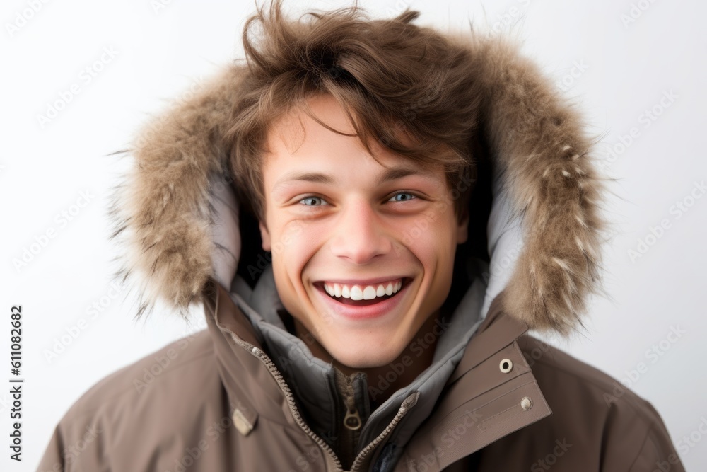 Close-up portrait photography of a grinning boy in his 30s wearing a warm parka against a white background. With generative AI technology Close-up portrait photography of a grinning boy in his 30s wearing a warm parka against a white background. With generative AI technology