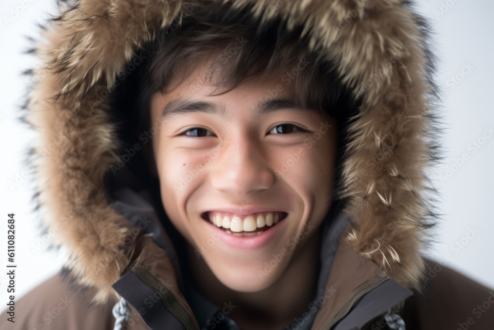 Close-up portrait photography of a grinning boy in his 30s wearing a warm parka against a white background. With generative AI technology Close-up portrait photography of a grinning boy in his 30s wearing a warm parka against a white background. With generative AI technology