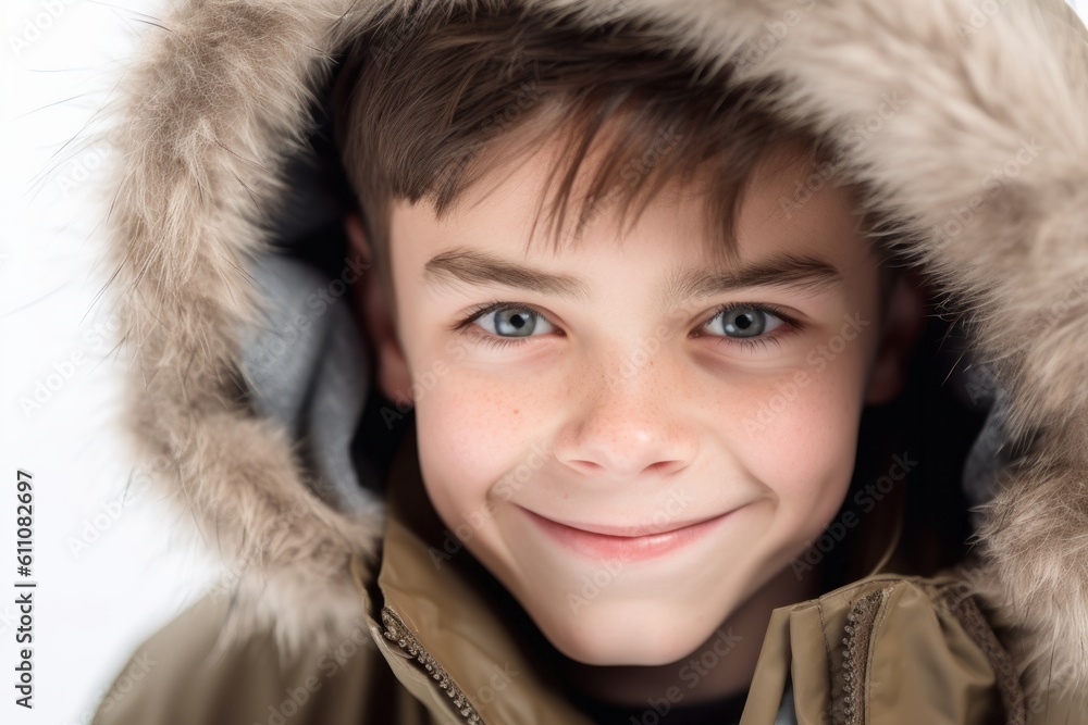 Close-up portrait photography of a grinning boy in his 30s wearing a warm parka against a white background. With generative AI technology Close-up portrait photography of a grinning boy in his 30s wearing a warm parka against a white background. With generative AI technology