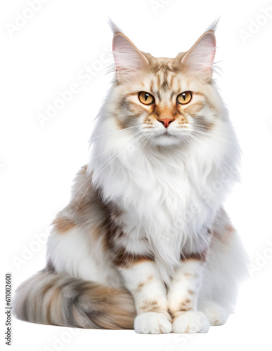 Maine Coon sits and looks straight ahead. Isolated on a transparent background. KI.