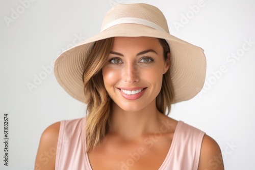 Headshot portrait photography of a grinning girl in her 30s wearing a stylish sun hat against a white background. With generative AI technology