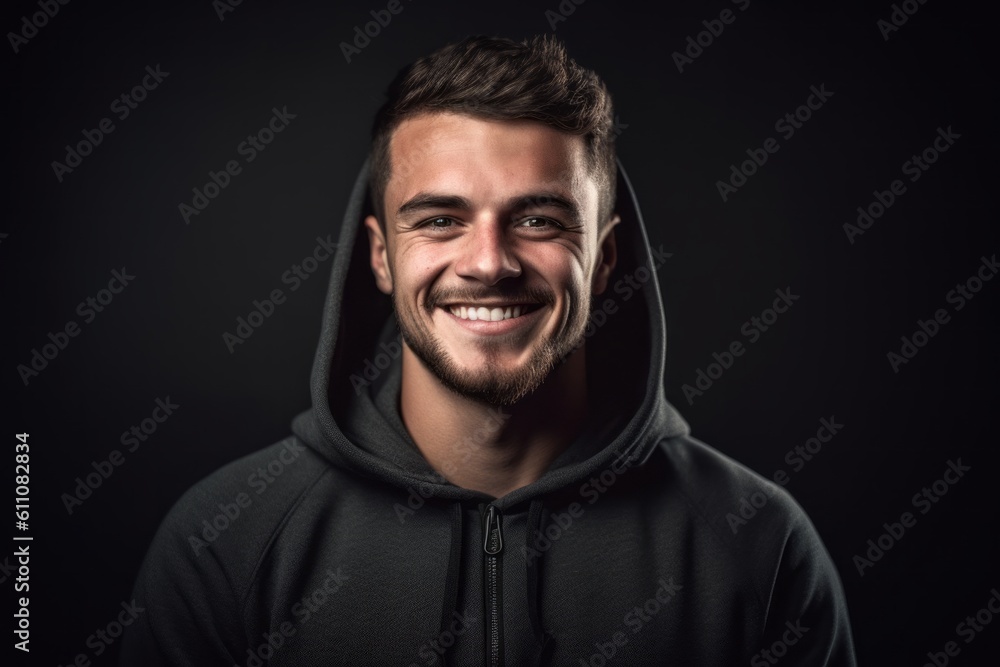 Headshot portrait photography of a grinning boy in his 30s wearing a comfortable hoodie against a minimalist or empty room background. With generative AI technology