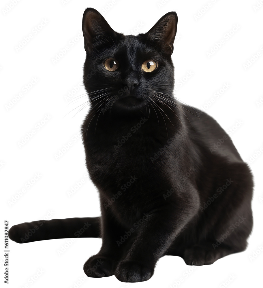 The black cat sits and looks straight ahead. Isolated on a transparent ...