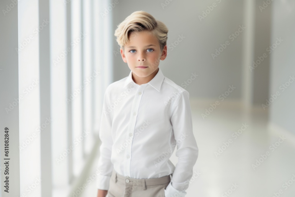 Medium shot portrait photography of a glad mature boy wearing an elegant long-sleeve shirt against a minimalist or empty room background. With generative AI technology Medium shot portrait photography of a glad mature boy wearing an elegant long-sleeve shirt against a minimalist or empty room background. With generative AI technology