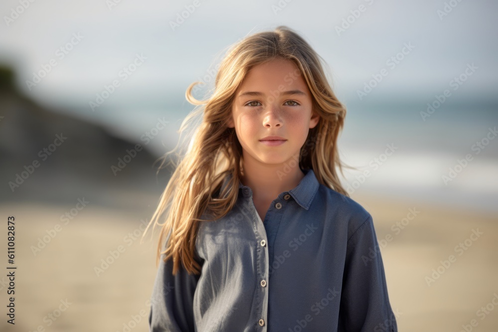 Medium shot portrait photography of a satisfied kid female wearing an elegant long-sleeve shirt against a beach background. With generative AI technology