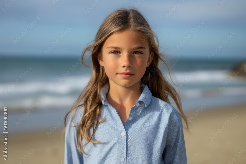 Medium shot portrait photography of a satisfied kid female wearing an elegant long-sleeve shirt against a beach background. With generative AI technology Medium shot portrait photography of a satisfied kid female wearing an elegant long-sleeve shirt against a beach background. With generative AI technology