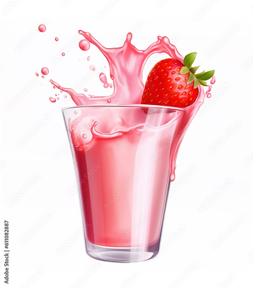 Glass of creamy strawberry milkshake with a strawberry splashing in it. Generative A.I. Glass of creamy strawberry milkshake with a strawberry splashing in it. Generative A.I.