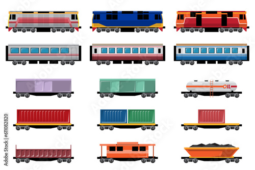 VECTOR EPS10 - various types of locomotive and wagon, side view isolated on white background.