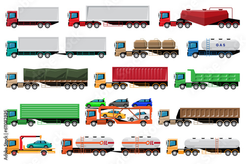 VECTOR EPS10 - various types of truck, trailer, side view isolated on white background.