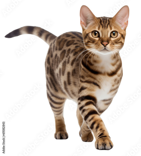 Bengal cat walking. Isolated on a transparent background. KI.