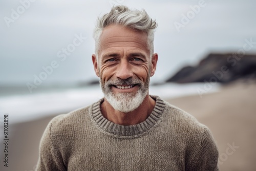 Medium shot portrait photography of a satisfied mature boy wearing a cozy sweater against a beach background. With generative AI technology