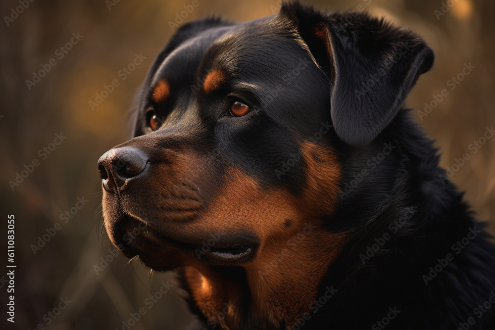 Portrait of a dog of the Rottweiler breed close-up, generative ai