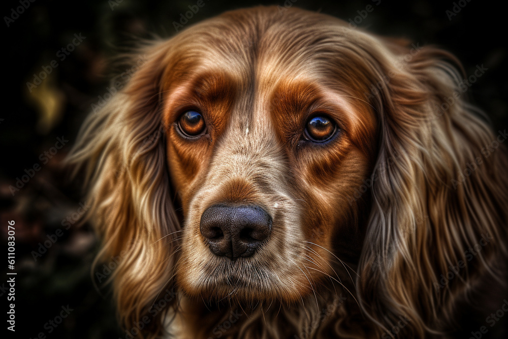 Portrait of a dog of the Spaniel breed close-up, generative ai