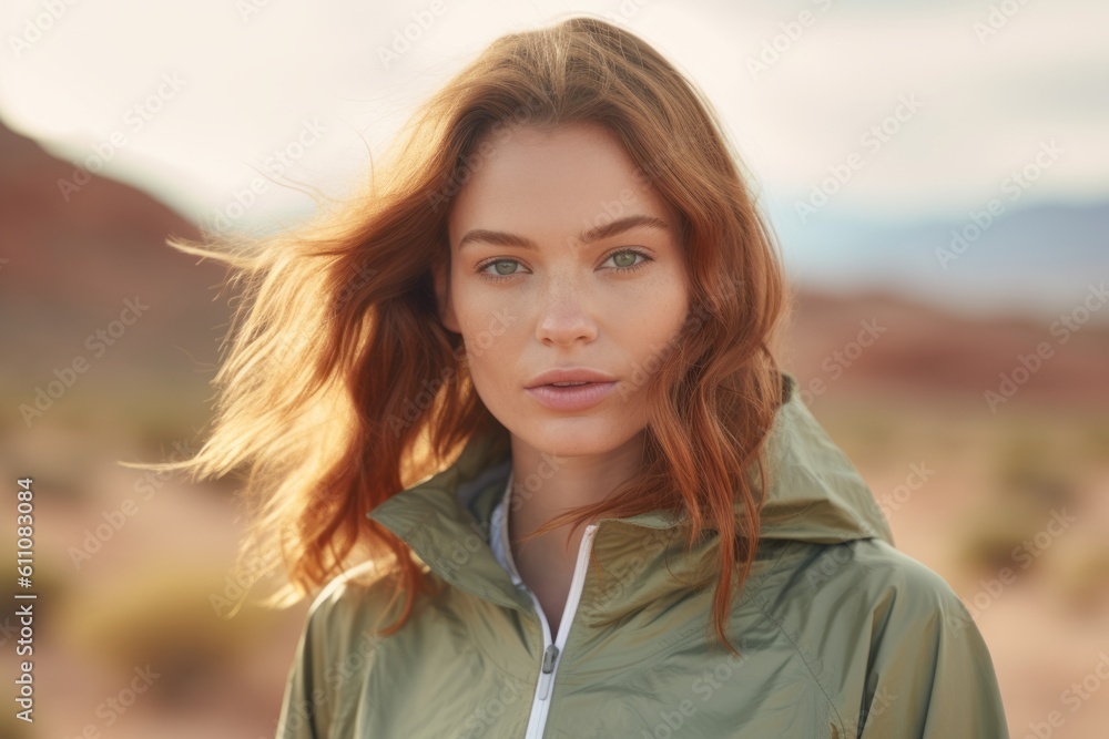 Close-up portrait photography of a tender girl in her 30s wearing a lightweight windbreaker against a desert landscape background. With generative AI technology