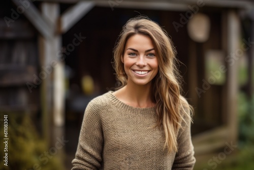 Environmental portrait photography of a happy girl in her 30s wearing a cozy sweater against a rustic barn background. With generative AI technology