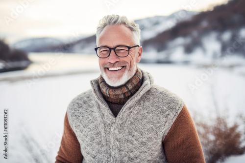 Photography in the style of pensive portraiture of a happy mature man wearing a cozy sweater against a snowy landscape background. With generative AI technology