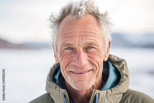 Close-up portrait photography of a grinning mature man wearing breezy shorts against a snowy landscape background. With generative AI technology