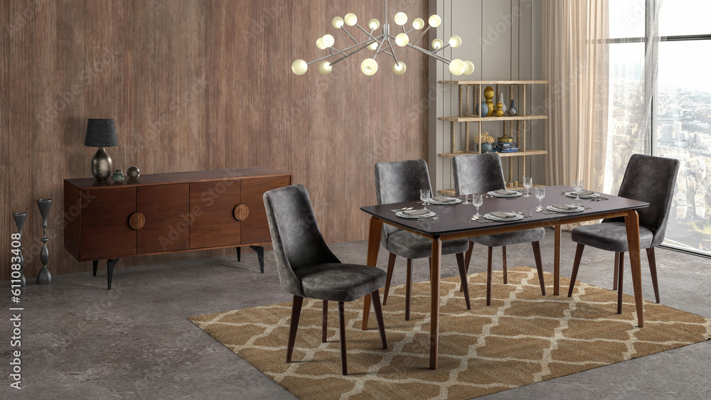 3D rendering of Dining room interior. interior design .dining table