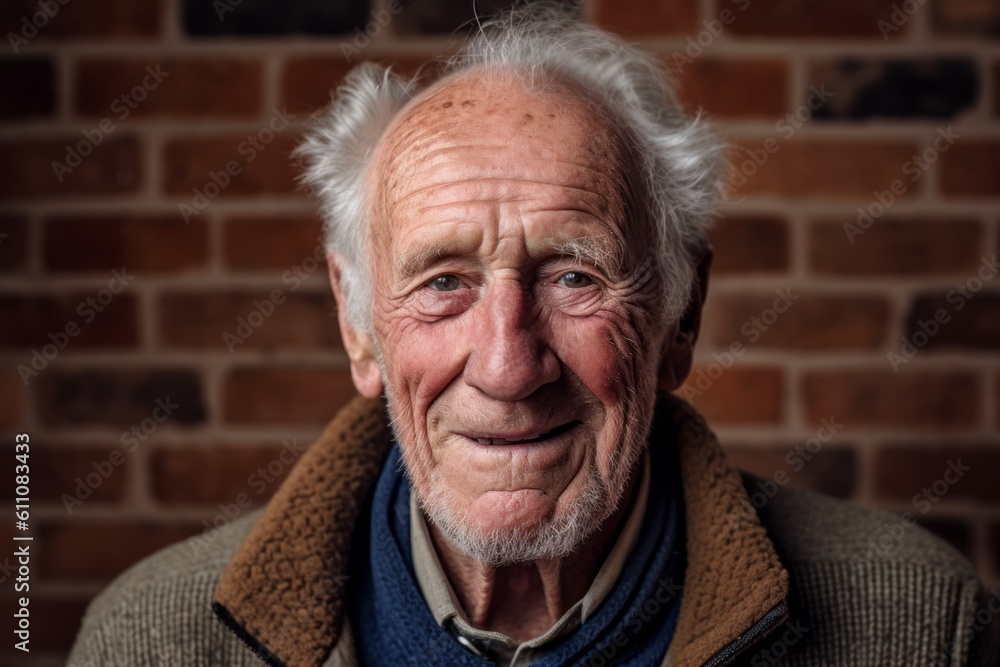 Headshot portrait photography of a glad old man wearing a cozy sweater against a brick wall background. With generative AI technology Headshot portrait photography of a glad old man wearing a cozy sweater against a brick wall background. With generative AI technology