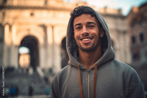 Medium shot portrait photography of a satisfied boy in his 30s wearing a cozy zip-up hoodie against a historical monument background. With generative AI technology © Markus Schröder