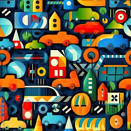 Cartoon cars on roads on a city streets seamless repeat pattern  Generative AI  