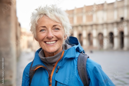 Medium shot portrait photography of a joyful mature girl wearing a lightweight windbreaker against a historical monument background. With generative AI technology
