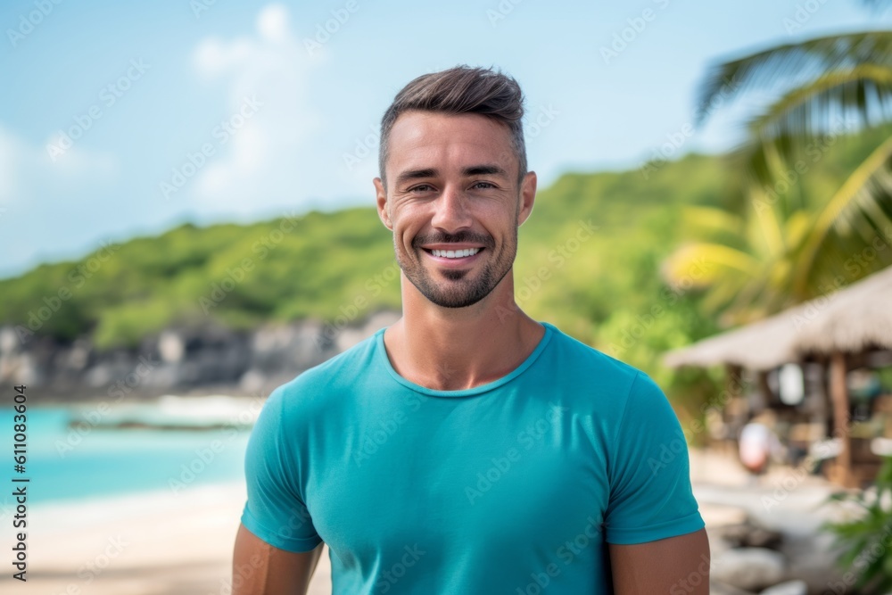 Medium shot portrait photography of a satisfied boy in his 30s wearing a sporty polo shirt against a tropical island background. With generative AI technology Medium shot portrait photography of a satisfied boy in his 30s wearing a sporty polo shirt against a tropical island background. With generative AI technology