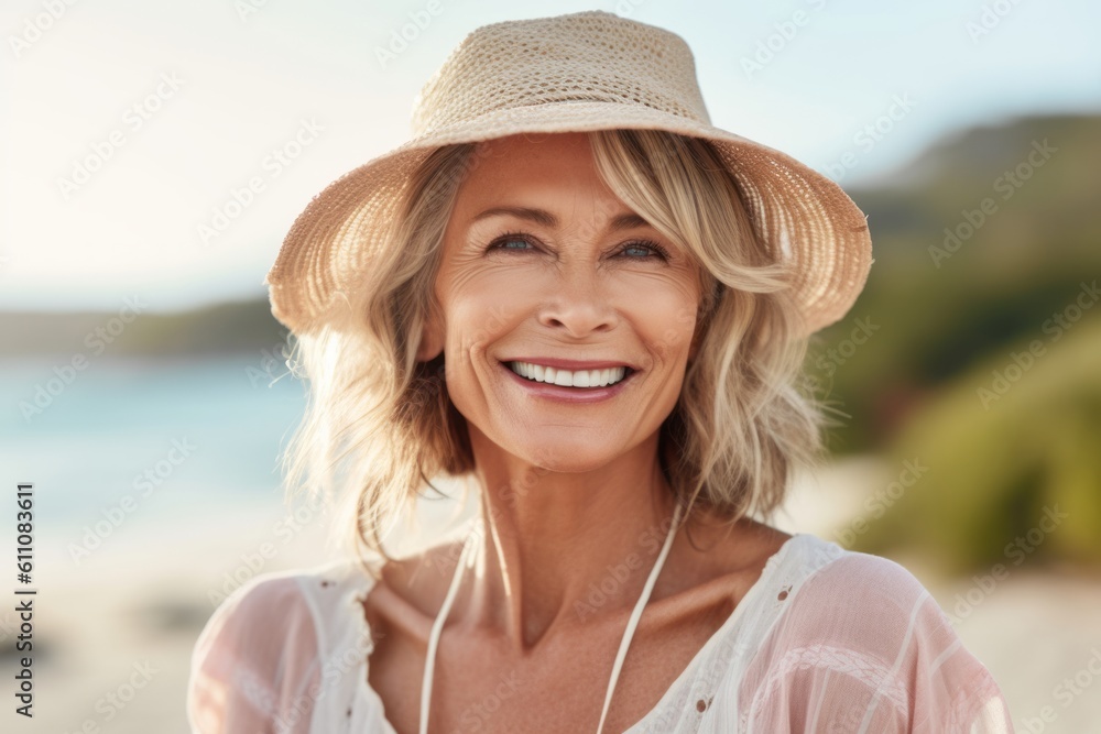 Close-up portrait photography of a happy mature woman wearing a chic cardigan against a tropical island background. With generative AI technology
