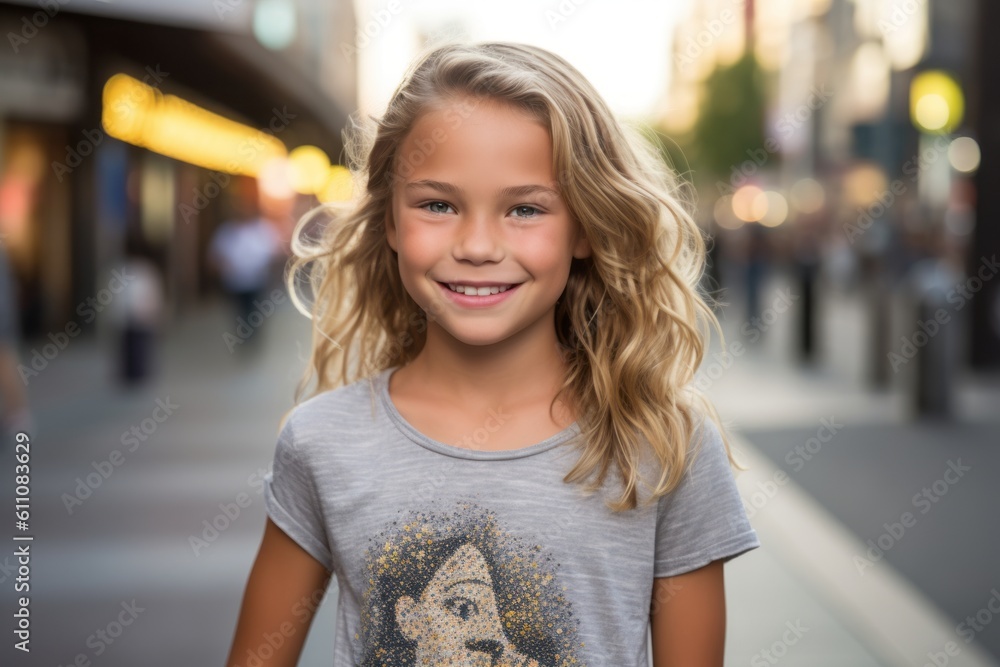 Lifestyle portrait photography of a glad kid female wearing a casual t-shirt against a busy street background. With generative AI technology