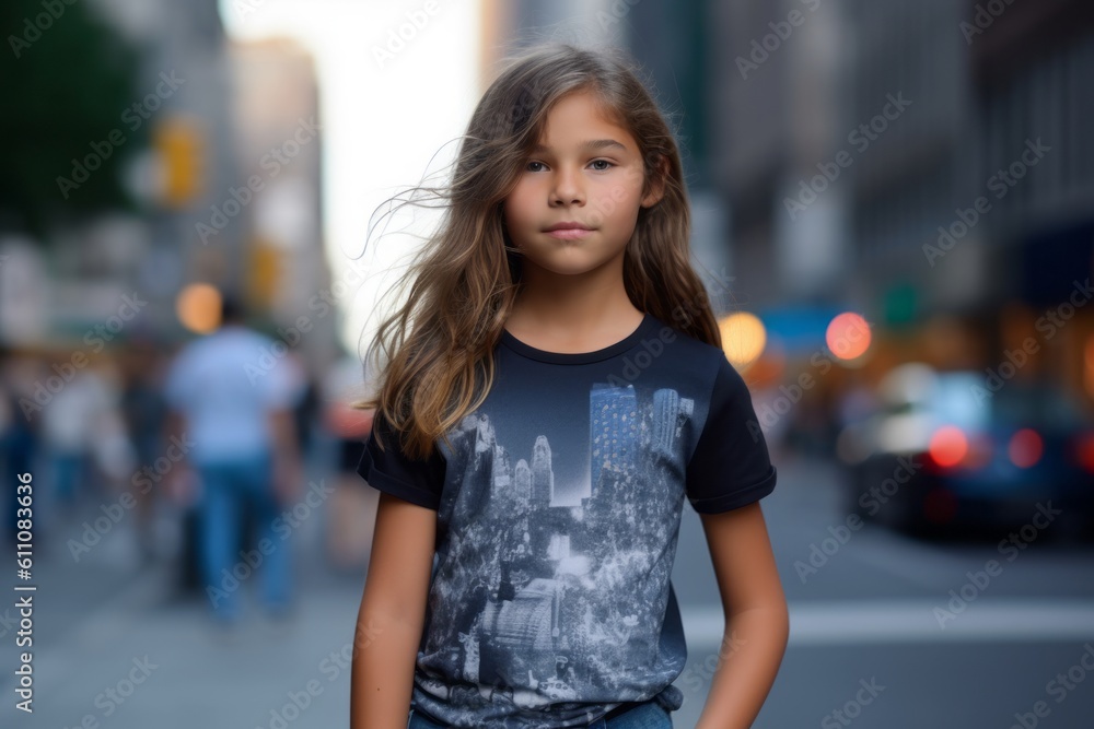 Lifestyle portrait photography of a glad kid female wearing a casual t-shirt against a busy street background. With generative AI technology