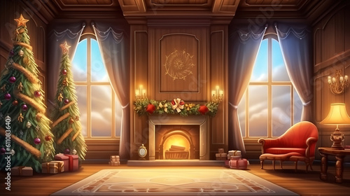 Stylish room interior with beautiful Christmas tree and decorative fireplace. Generative ai © MdMaruf