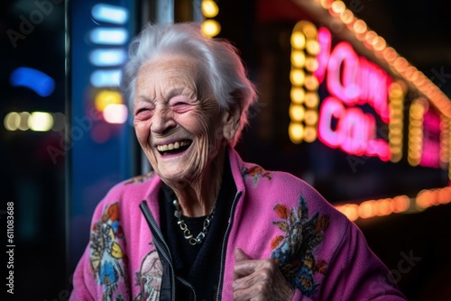 Medium shot portrait photography of a grinning old woman wearing a chic cardigan against a neon sign background. With generative AI technology