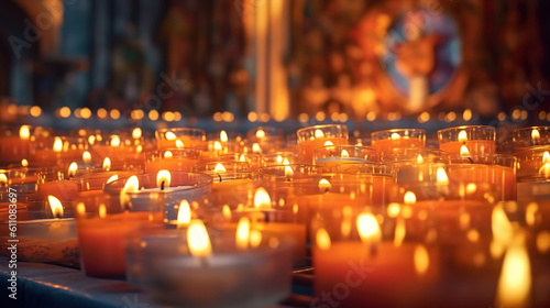 A lot of candles burning in cathedral, Votive candles glows on All saints day. Generative ai © MdMaruf