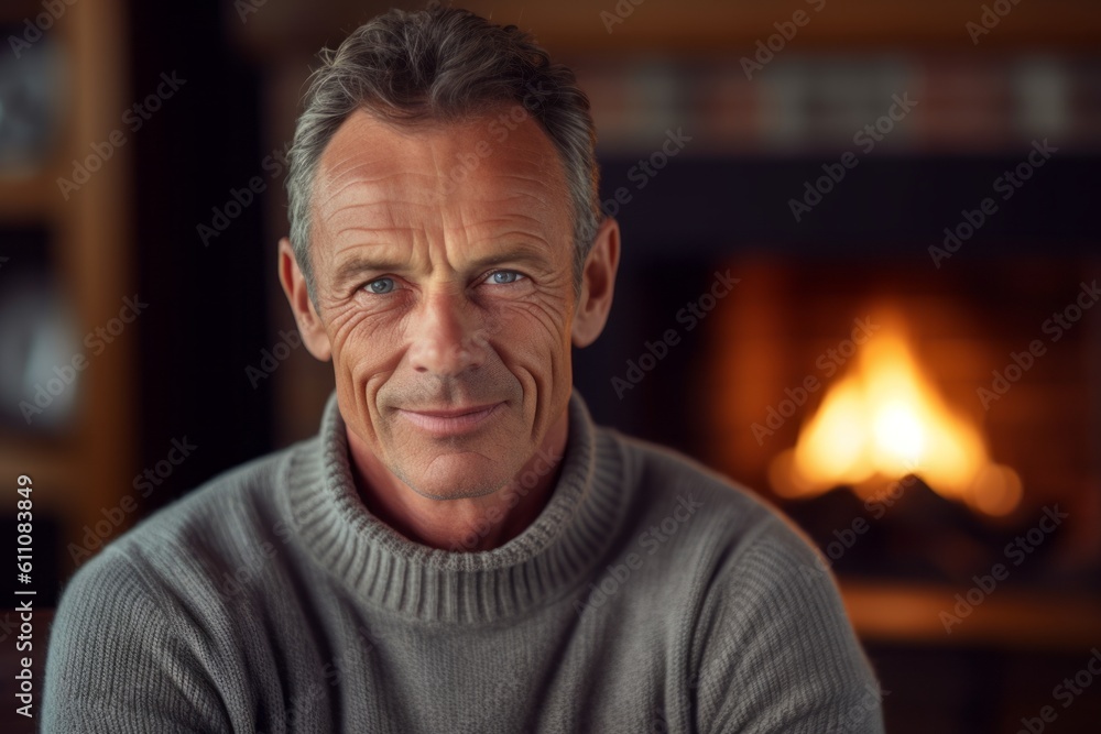 Close-up portrait photography of a glad mature boy wearing an elegant long-sleeve shirt against a cozy fireplace background. With generative AI technology Close-up portrait photography of a glad mature boy wearing an elegant long-sleeve shirt against a cozy fireplace background. With generative AI technology