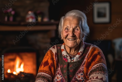 Medium shot portrait photography of a glad old woman wearing a cozy sweater against a cozy fireplace background. With generative AI technology