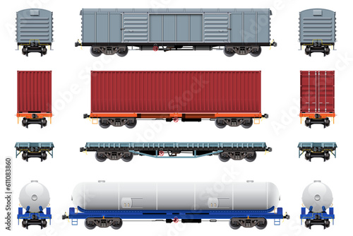 VECTOR EPS10 - various freight car, train cargo wagons,side view front and rear, isolated on white background.