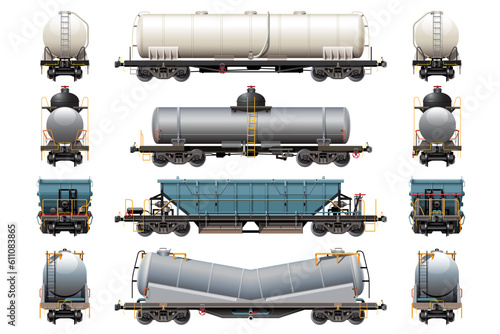 VECTOR EPS10 - various freight car, train cargo wagons,side view front and rear, isolated on white background.